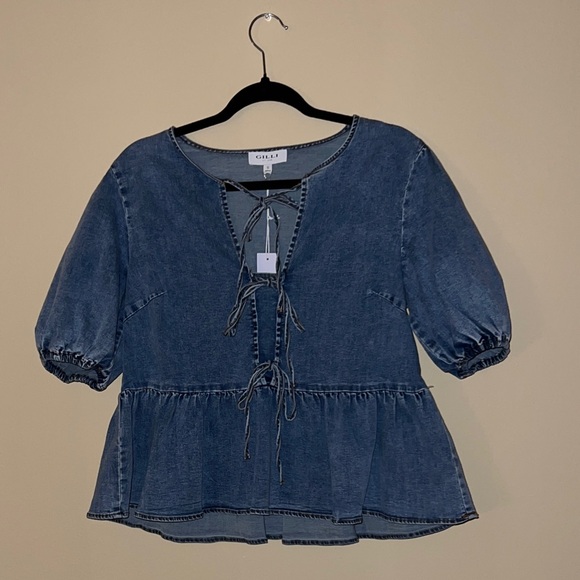 Gilli Tops - Gilli Blue Denim Lace-Up Peplum Tunic